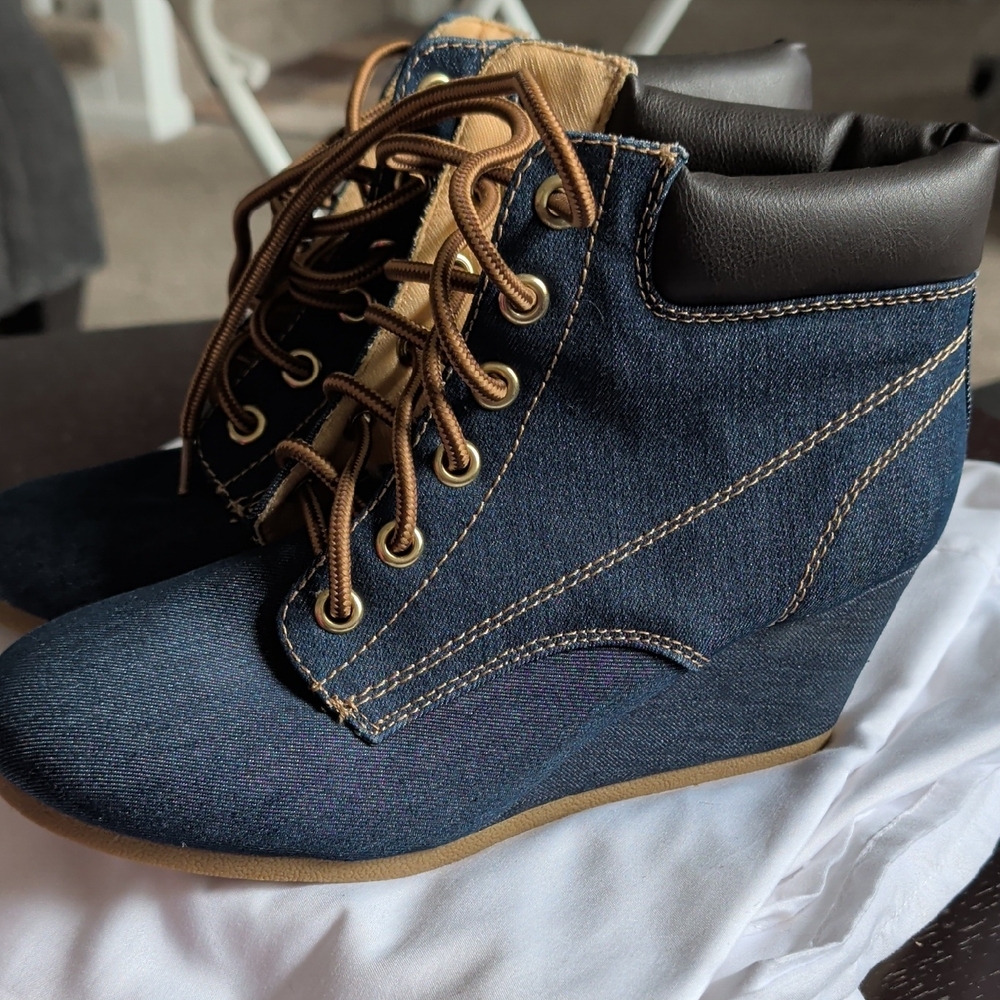 Denim Blue Wedge Ankle Boots with Brown Trim - Women's Wedges